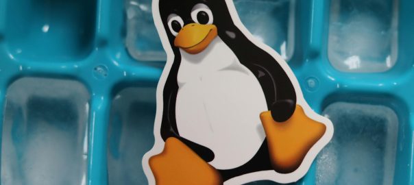 linux tux penguin mascot cutout lying on a tray with ice cubes